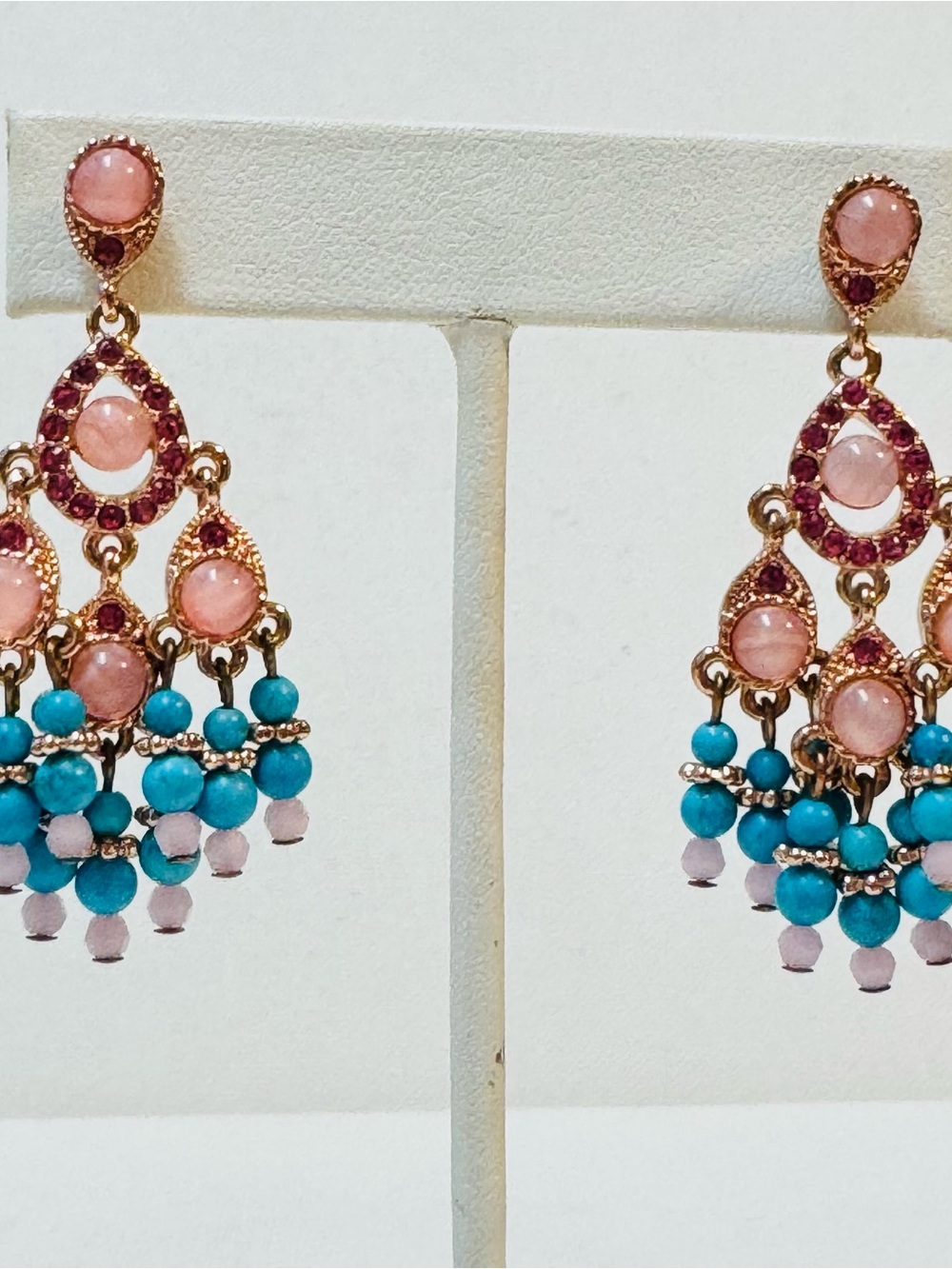 Vintage Joan Rivers Chandelier Pink Turquoise Hook Earrings Women's 2.15"